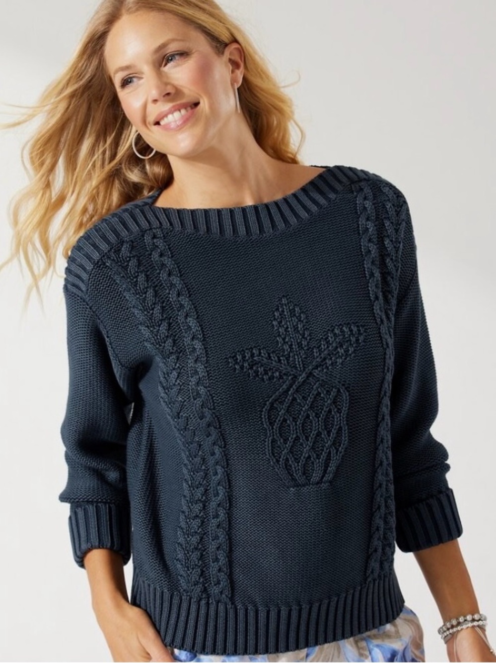 Tommy Bahama Navy Cable Knit Sweater with Pineapple Motif
